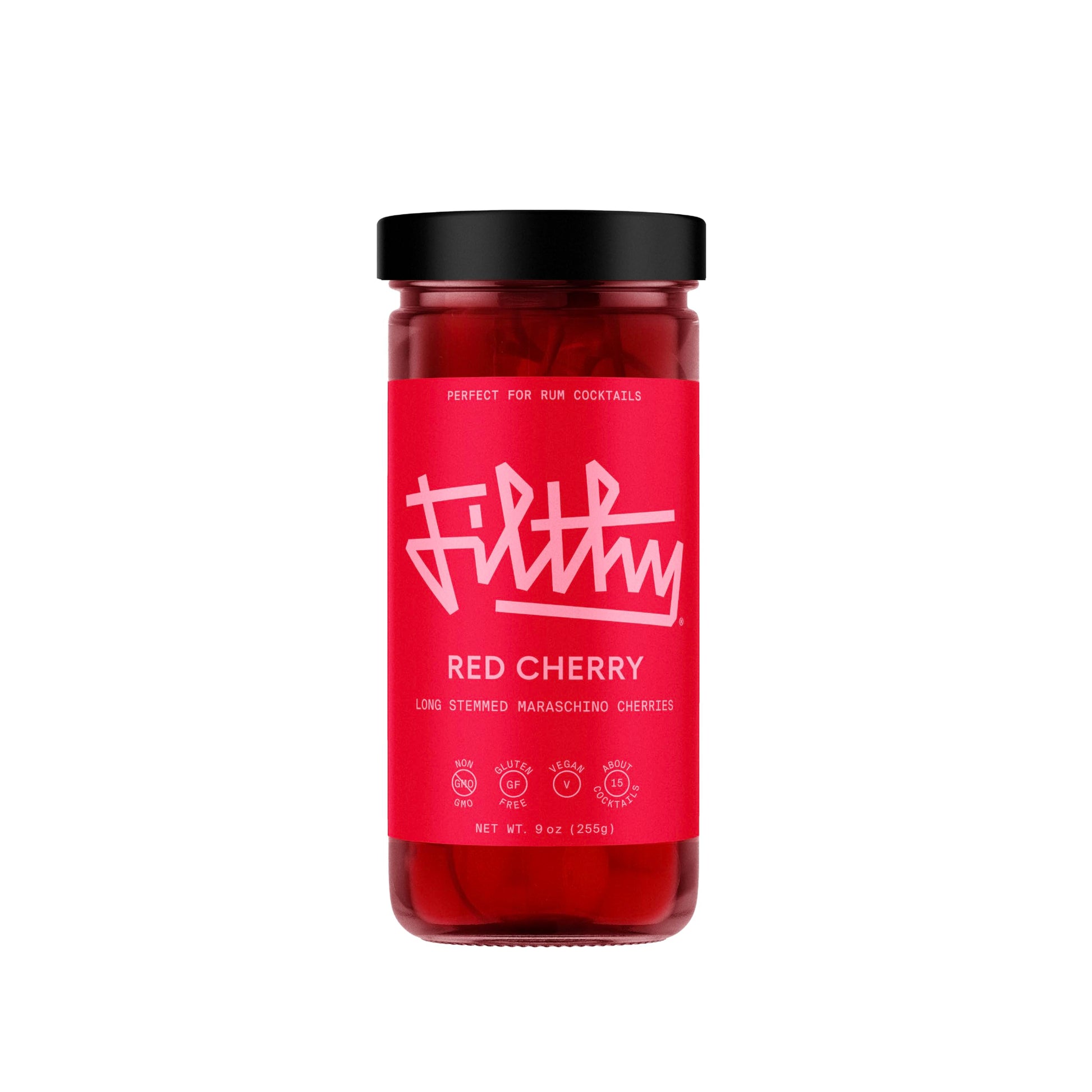 Filthy Food Premium Maraschino Cocktail Cherries, Non-GMO, Vegan, 9 Oz Jar, Long Stemmed, Gluten Free