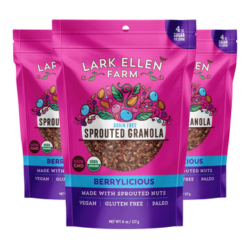 Lark Ellen Farm Berrylicious Grain Free Granola Clusters, Raw Sprouted Certified Organic Vegan, Nut and Seed Mix, Low Carb and S