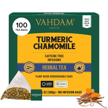 Vahdam, Turmeric Chamomile Tea Bags (100 Herbal Tea Bags) Caffeine Free, Non Gmo, Gluten Free | 100% Pure Herbal Tisane - Warm, Earthy & Floral | Infused With Chamomile Flowers | Resealable Ziplock Pouch