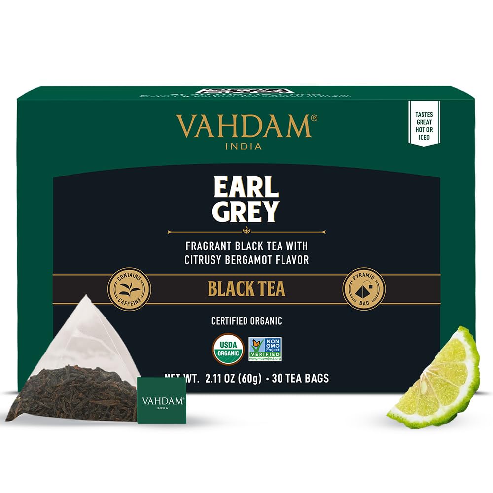 VAHDAM Earl Grey Black Tea Bags - High Caffeine, Non-GMO, Gluten-Free, 30 Count, Individually Wrapped Pyramid Bags, Black