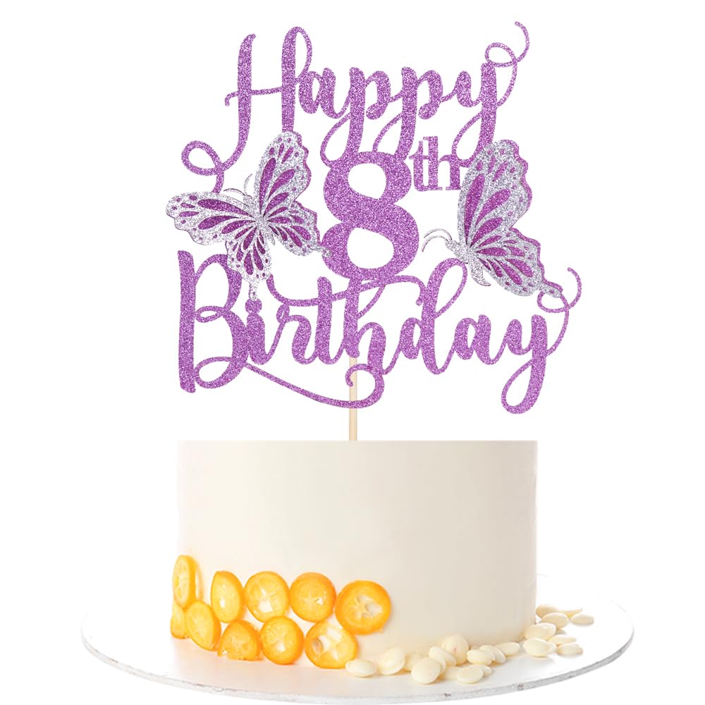 Kaoenla 3D Butterfly Cake Topper, Glitter Theme, 6.3x6 inches, Purple, Happy 8th Birthday Party Decor