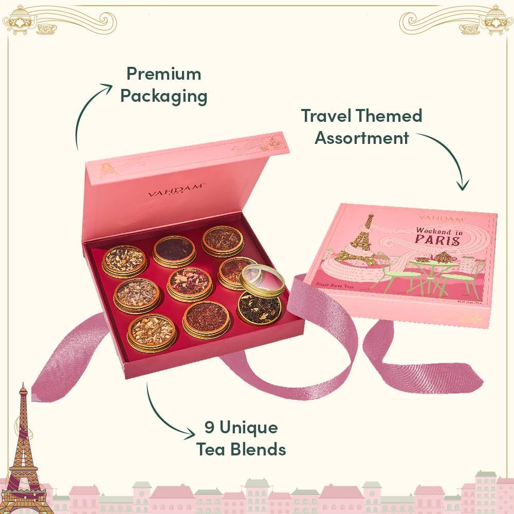 Vahdam, Weekend In Paris Tea Gift Set - 9 Assorted Teas | Travel Edition Gift Box | Natural Ingredients Luxury Tea Set | Gluten