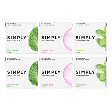 Simply Gum | Sugar Free Xylitol Chewing Gum | Variety Pack- Bubblegum, Peppermint, Spearmint | Pack Of Six (90 Pieces Total) | S