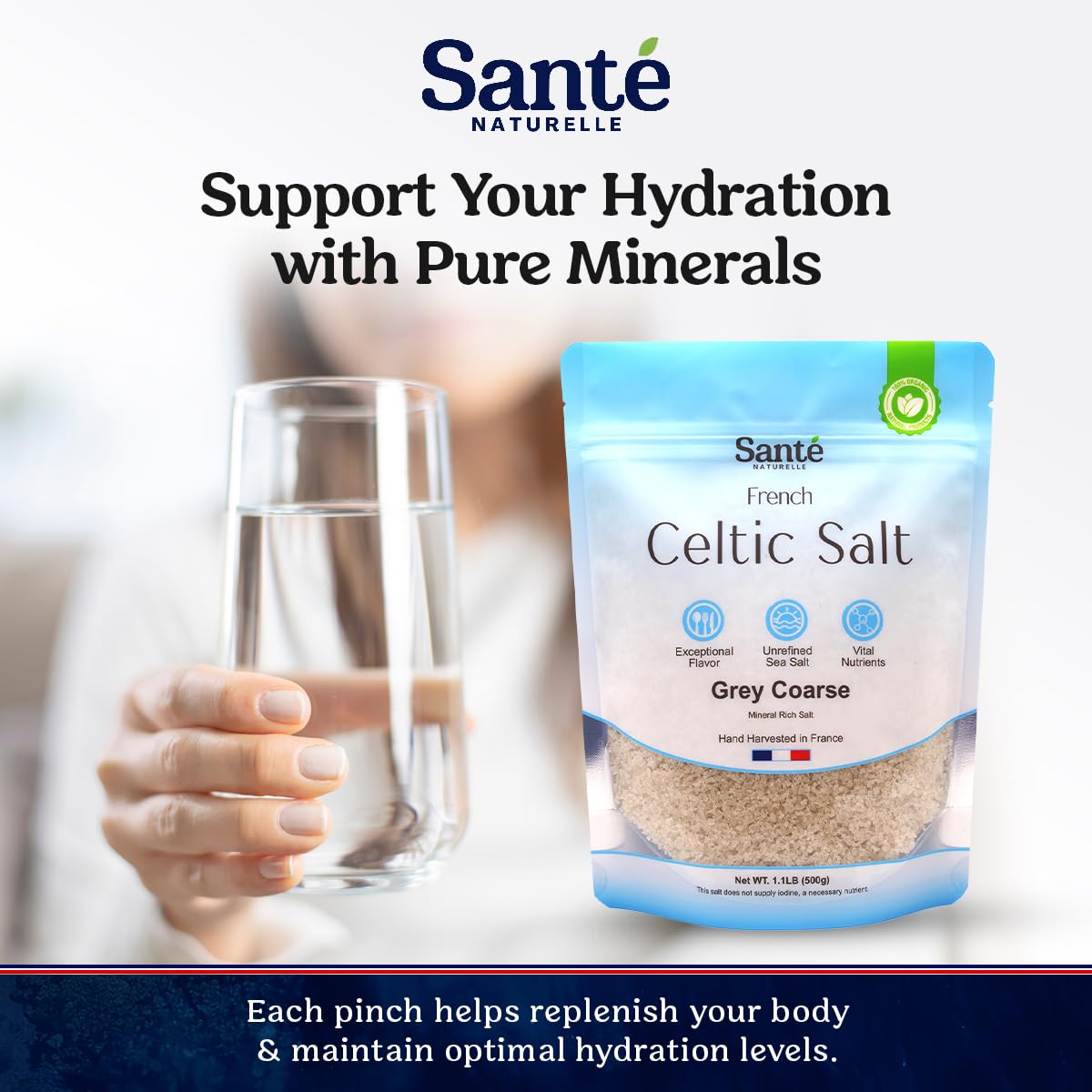 Sante Grey Coarse Sea Salt - 1.1lb Unrefined French Sea Salt, Organic, Rich in 82+ Minerals, 100% Natural & Hand Harvested