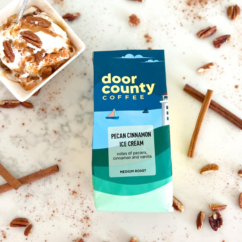 Door County Coffee Pecan Cinnamon Ice Cream Flavored Coffee |10Oz Bag | Ground Coffee Medium Roast |100% Arabica Coffee | Pecan