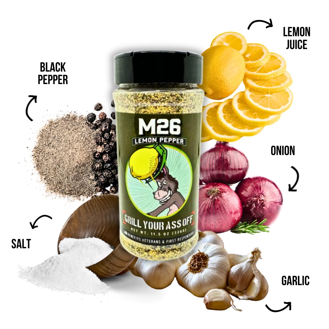 Grill Your Ass Off Lemon Pepper Seasoning - 11oz - Bold Flavor for Poultry, Seafood, and Vegetables - No MSG, USA Made