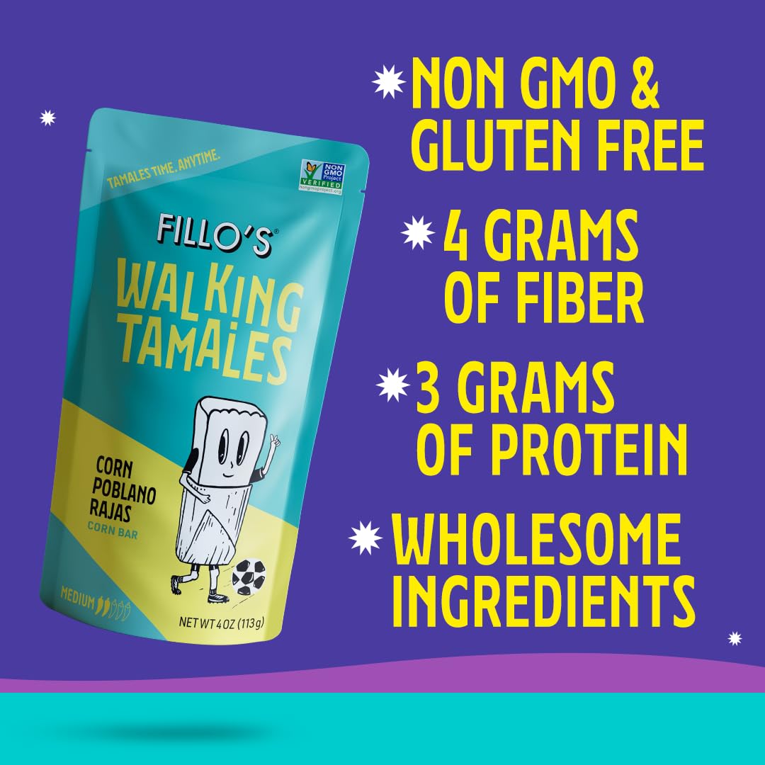 Fillo'S Walking Tamales, Corn Poblano Rajas, Pk Of 7, Ready-To-Eat, Delicious, Gluten-Free, Preservative-Free, Vegan Friendly, M