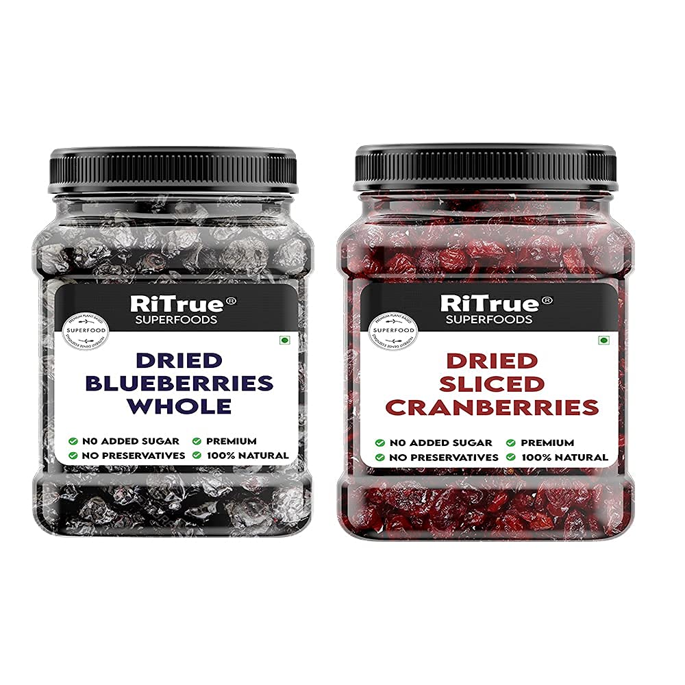 Admart RiTrue - Dried Sliced Cranberry & Whole Blueberry Combo (250 Gm Each) - Organic Cranberries & Blueberries Without Sugar (