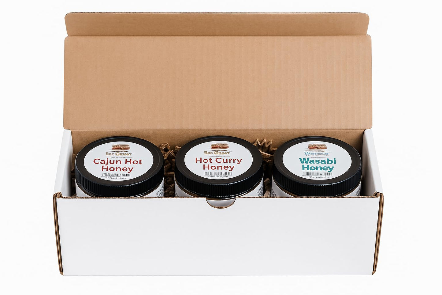 Bee Great Hot Honey Trio Variety Pack Gift Box - Cajun, Curry & Wasabi - Sweet Heat from the Hive - 3  8 oz Small-Batch Gourmet 