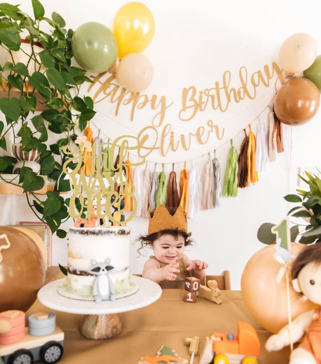 Ahaoray Half Way To One Cake Topper - Gold Glitter 6 Months Birthday Decorations Supplies - Half Birthday Decorations Baby Girl, For Baby Shower/Gender Reveal Party Photo Booth Props