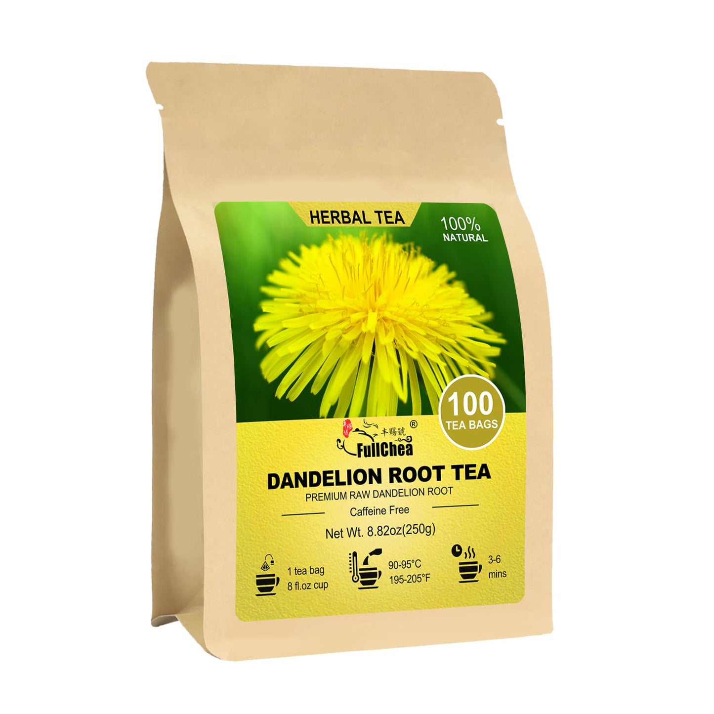 Fullchea - Dandelion Root Tea Bags, 100 Teabags, 2.5G/Bag - Enhanced Raw Dandelion Root Tea Detox - Non-Gmo - Caffeine-Free - Rich In Vitamins & Support Immune System