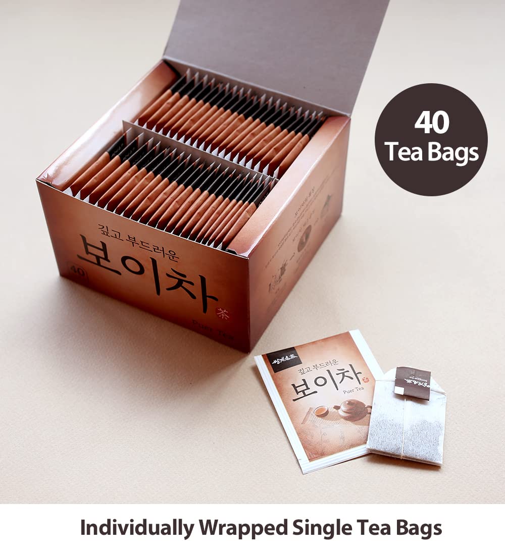 SSANGGYE Puer Tea - 40 Tea Bags, Premium Korean Herbal, Fermented Green Tea, Soft Deep Herb Taste, Aged Black Tea, Made in Korea