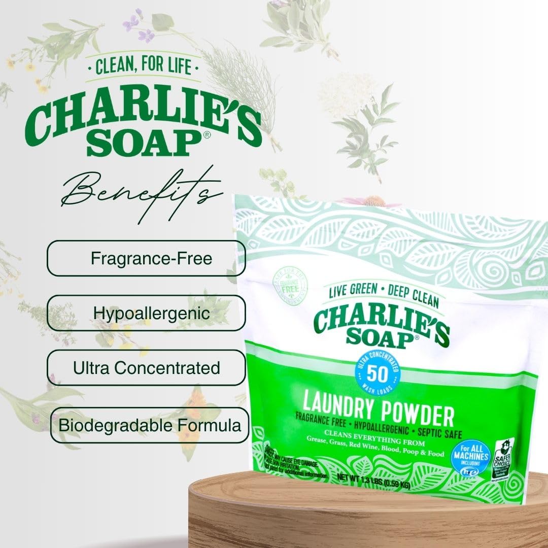 Charlieas Soap Laundry Powder (50 Loads, 1 Pack) Hypoallergenic Deep Cleaning Washing Powder Detergent - Eco-Friendly, Safe, And