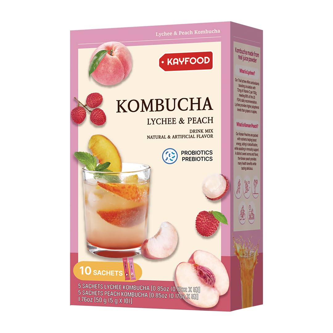 KAYFOOD Kombucha Peach Garden Sparkling Beverage, Zero Sugar, 10 Count (Pack of 1)