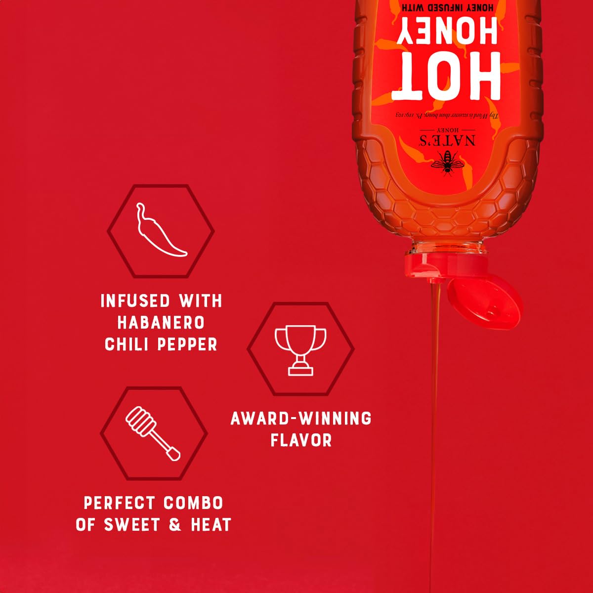 Nates Hot Honey - 100% Pure Honey Infused with Habanero Chili Pepper Flakes, Award-winning Taste - 32 oz Squeeze Bottle