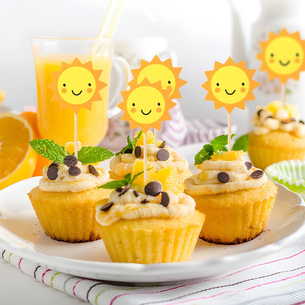 Hokpa 24Pcs Sun Cupcake Toppers Sun Flower Smiley Sunshine Sun Cake Decoration Food Fruit Picks For Baby Shower Birthday Wedding
