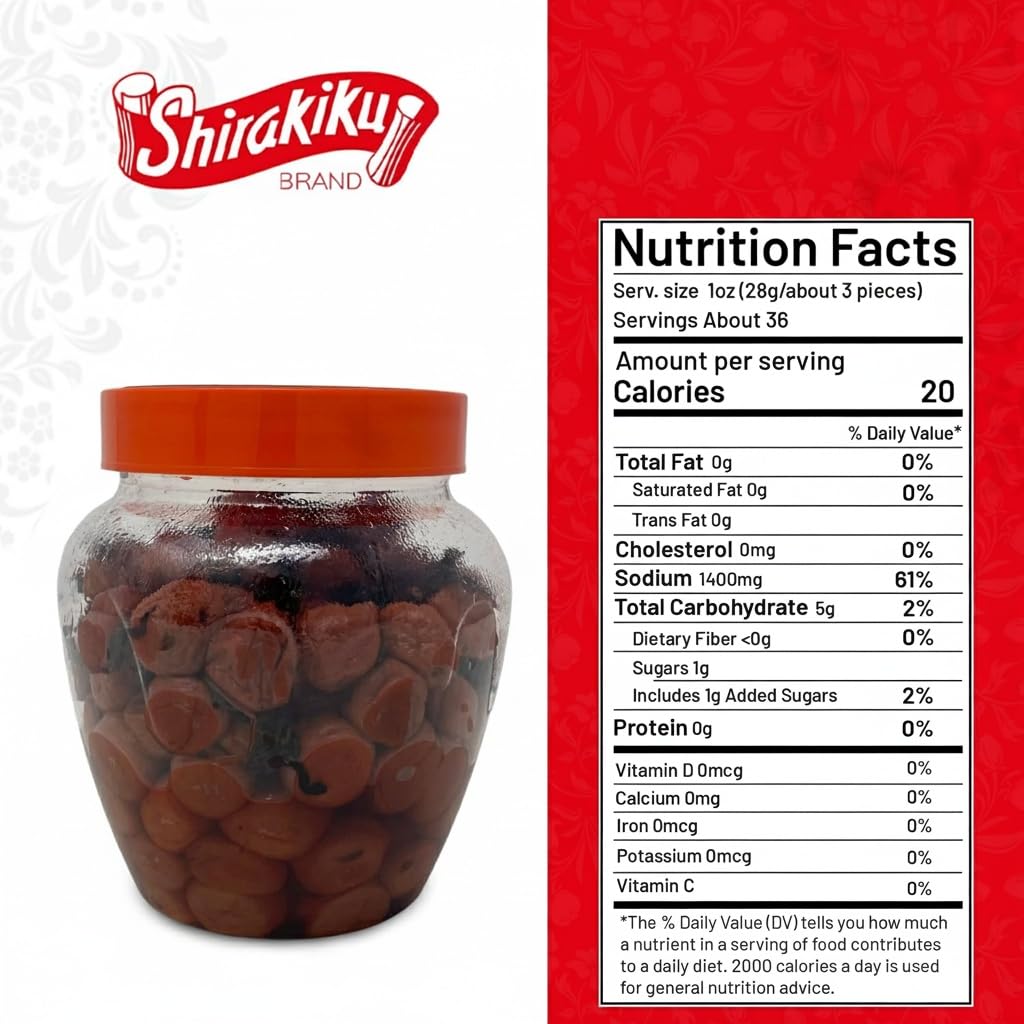 Shirakiku Salted Plums Shiso Ume PET | Japanese Umeboshi Plums for Vinaigrettes, Noodles, Sandwiches, & Rice Balls | High Fructo
