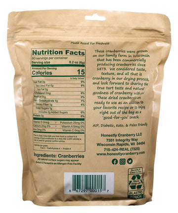 Honestly Cranberry Unsweetened Dried Cranberries, 16 oz (1 lb) - No Added Sugars, Juices, or Oils - Healthy Snack Option