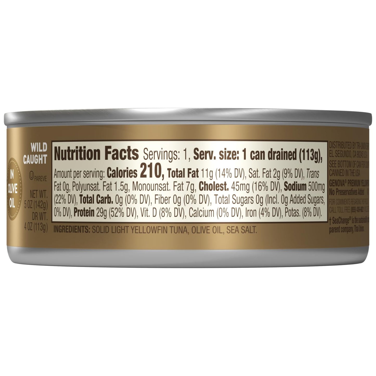 Genova Premium Yellowfin Tuna in Olive Oil, Solid Light, 5 Ounce Cans, Pack of 8