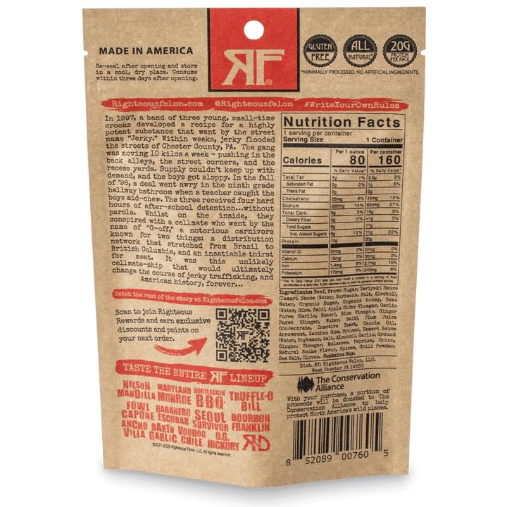 Righteous Felon Beef Jerky - Teriyaki Balboa Jerky - Gluten-Free Snacks - All-Natural, Locally Sourced & Dried Beef Jerky - Low-