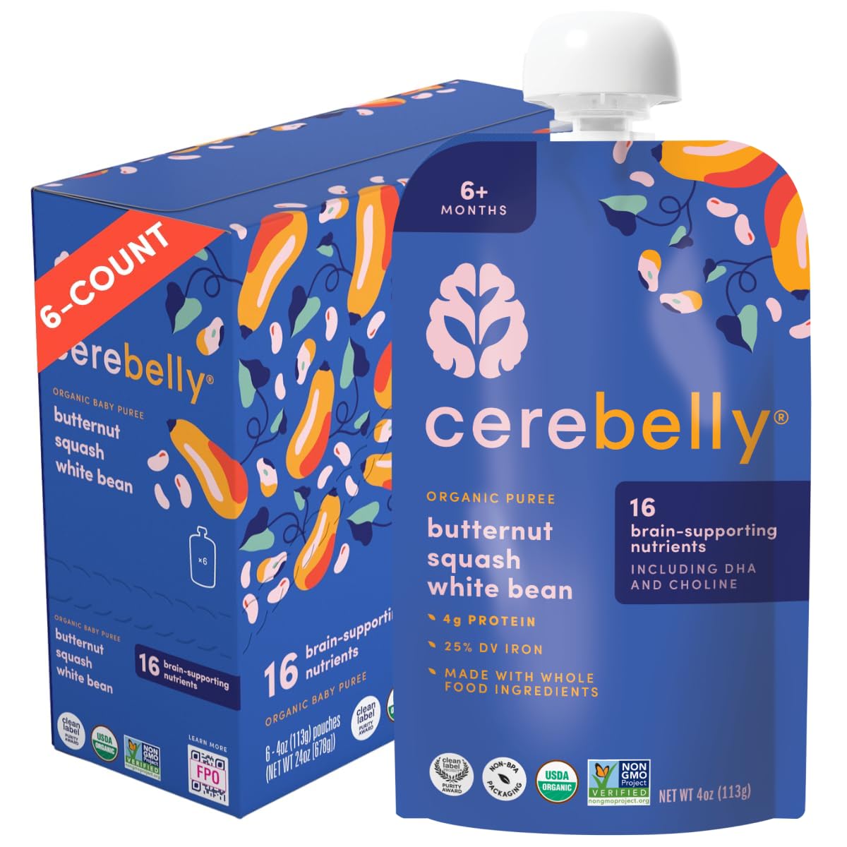 Cerebelly Organic Baby Food Pouches, Black Bean Sweet Potato Purees, 16 Nutrients, No Added Sugar & Non-GMO Toddler Snacks, 4 oz
