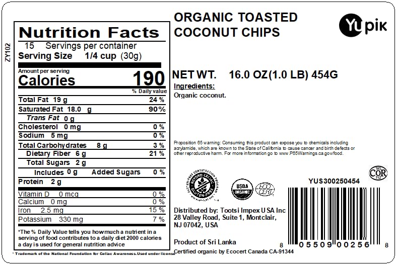 Yupik Organic Toasted Desiccated Coconut Chips, 16 Oz, Non-GMO, Vegan, Gluten-Free (Pack of 2)