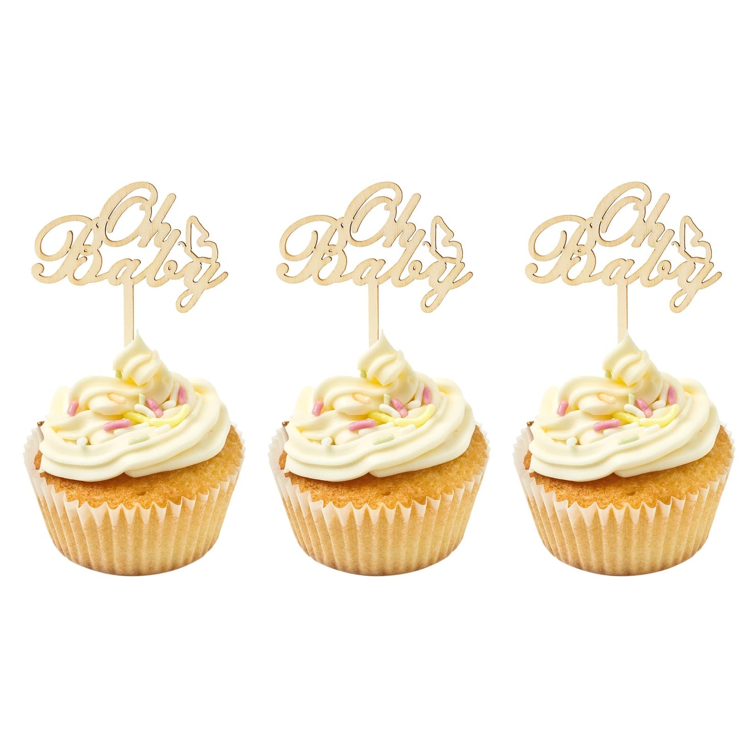 AUMIO 24 PCS Wooden Oh Baby Cupcake Toppers with Butterfly Gender Reveal Decorations Baby Shower Cupcake Picks Decorations for C