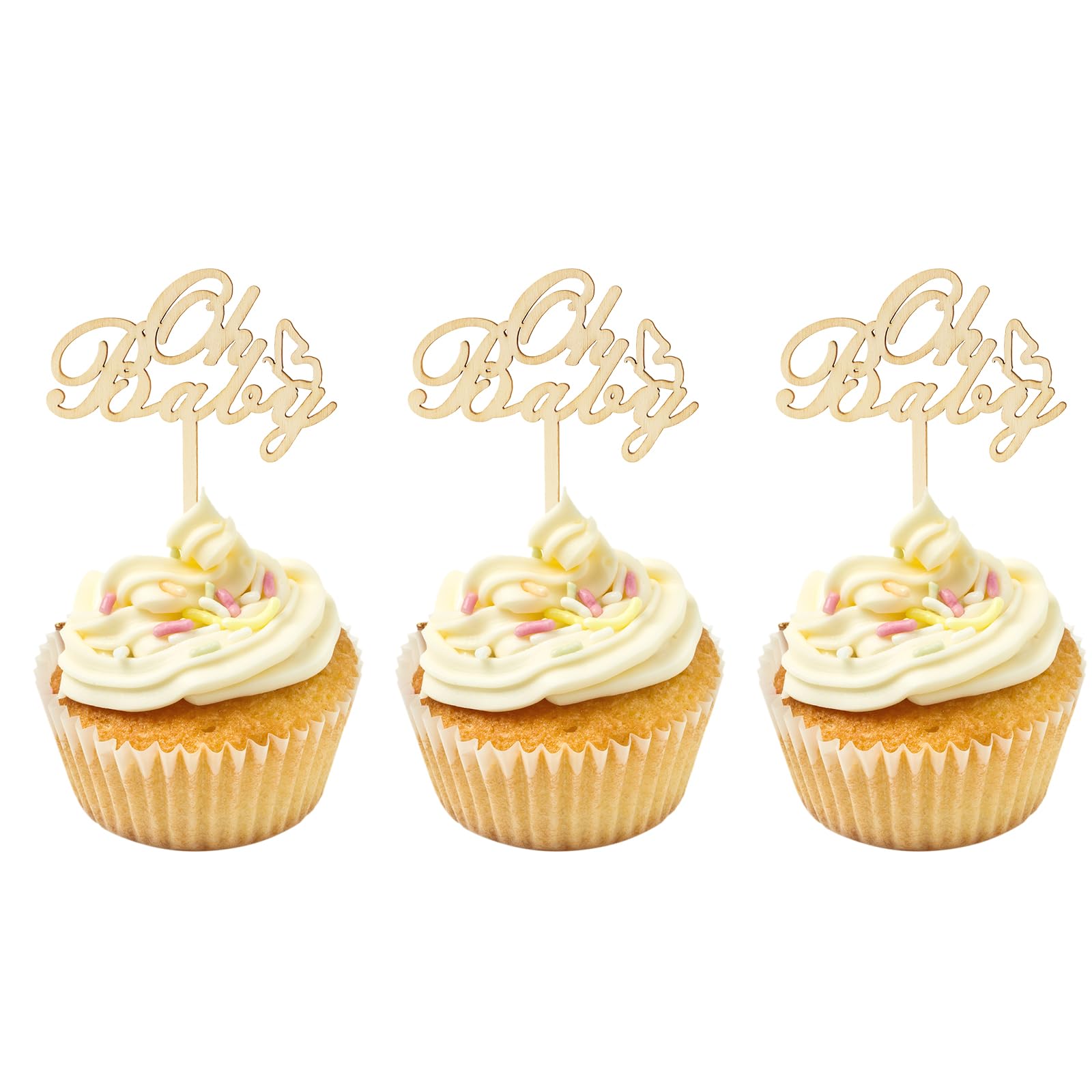 AUMIO 24 PCS Wooden Oh Baby Cupcake Toppers with Butterfly Gender Reveal Decorations Baby Shower Cupcake Picks Decorations for C
