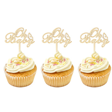 AUMIO 24 PCS Wooden Oh Baby Cupcake Toppers with Butterfly Gender Reveal Decorations Baby Shower Cupcake Picks Decorations for C