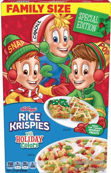 Rice Krispies Breakfast Cereal, Christmas Pack, Family Size, Original with Holiday Colors, 12oz Box (1 Box)