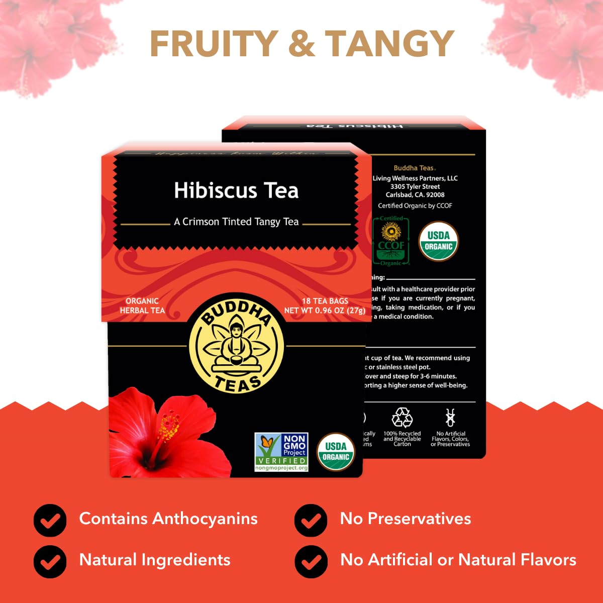 Buddha Teas Hibiscus Herbal Tea - Caffeine Free, Antioxidants, 18 Count, Kosher, Non-GMO, Model BU10016