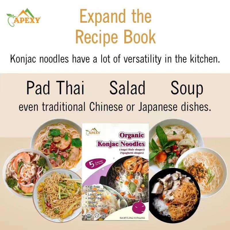 Apexy Organic Shirataki Konjac Noodle 8 Pouches Total 42.24Oz. Low Calorie, Low-Carb Gluten Free, Vegan, Keto And Paleo-Friendly. (Angel Hair & Spaghetti Shapes Combo)