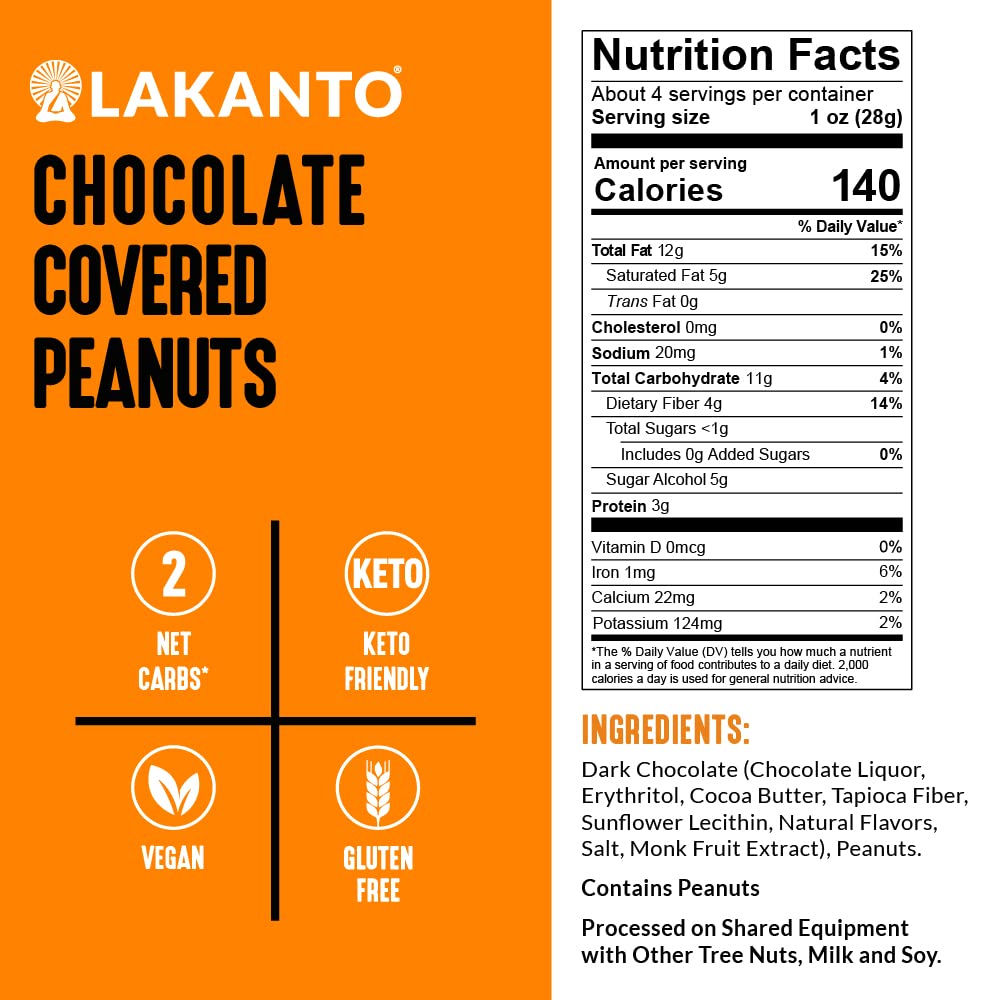 Lakanto Chocolate Covered Peanuts - Sweetened With Monk Fruit Sweetener, Keto Diet Friendly, On The Go Healthy Snack, Vegan, Dark Chocolate, Sea Salt, Cocoa Butter (Peanuts - Pack Of 2)