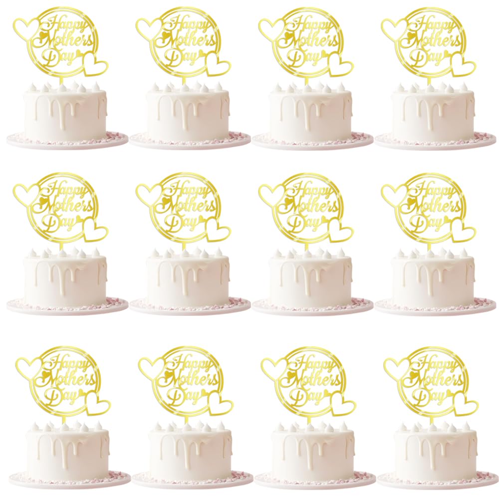 Keoysek 12pcs Acrylic Gold Happy Mother's Day Cake Topper Cake topper Acrylic Mirror Cake topper Decorative Party Cake Decoratio