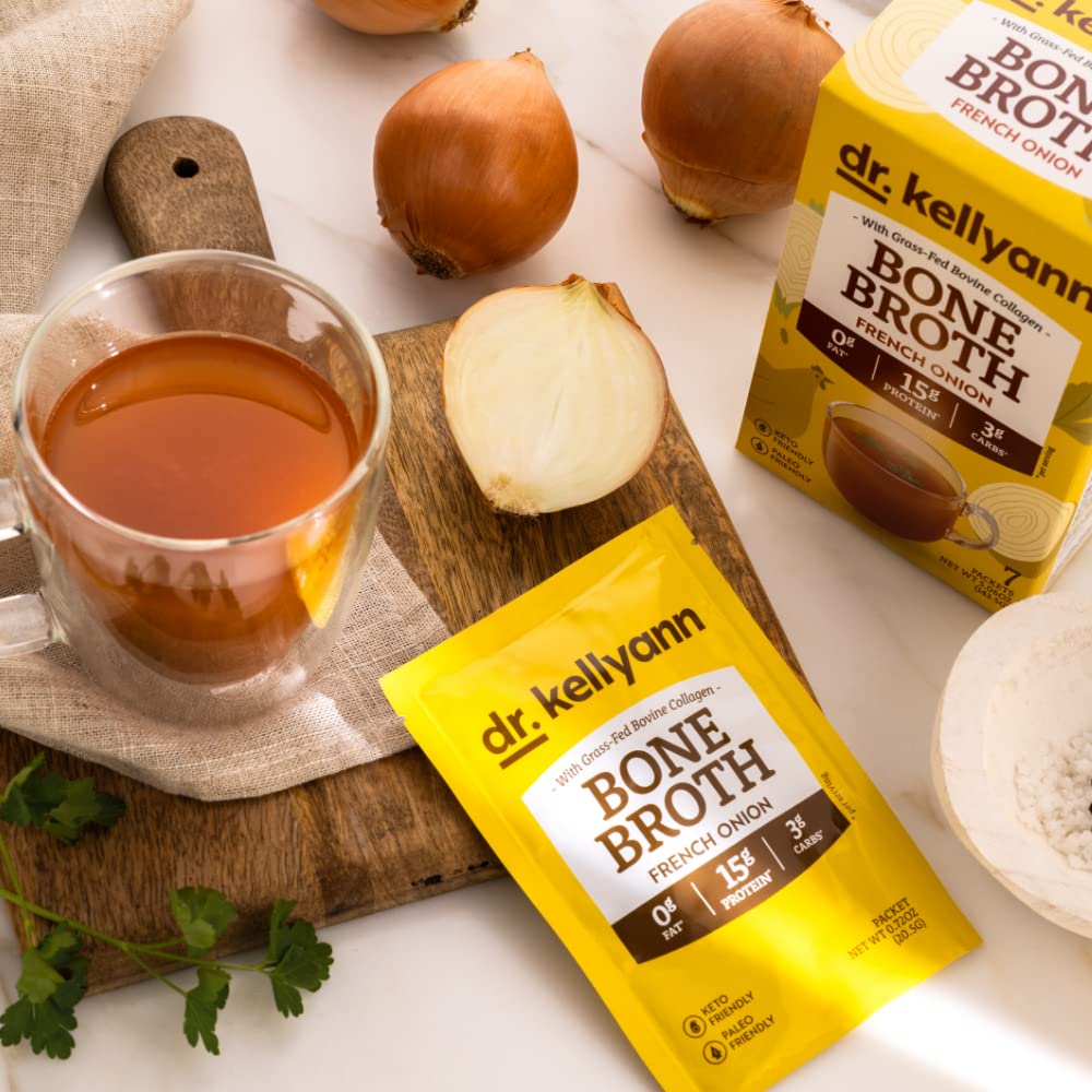 Dr. Kellyann French Onion Bone Broth Collagen Packets (7 Servings  1 Box) - 16g Protein/Serving  100% Grass-Fed Hydrolyzed Collagen  Keto & Paleo Friendly
