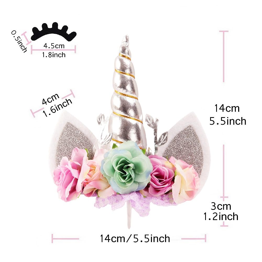 Nishine Rose Floral Unicorn Cake Topper Birthday Party Cake Decoration (Silver&Mint)