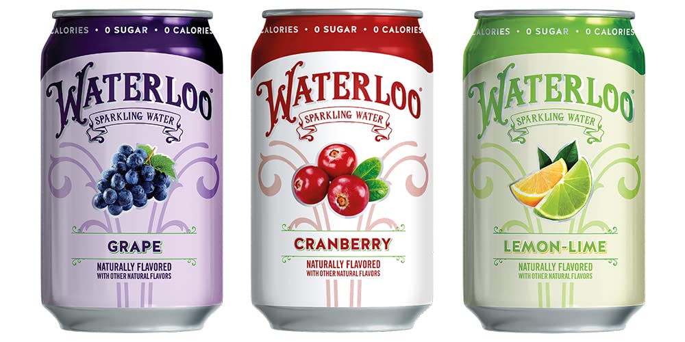 Waterloo Sparkling Water Variety Pack, 12 Fl Oz Cans, Pack of 24, 8 x Cranberry, 8 x Grape, 8 x Lemon-Lime | Zero Calories, Suga