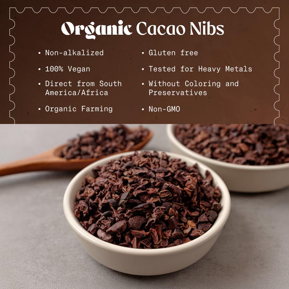 NaturaleBio Organic Raw Cacao Nibs 2 lbs. Natural and Pure. Made in Tropical Regions from The Theobroma Cacao Plant. Source of M