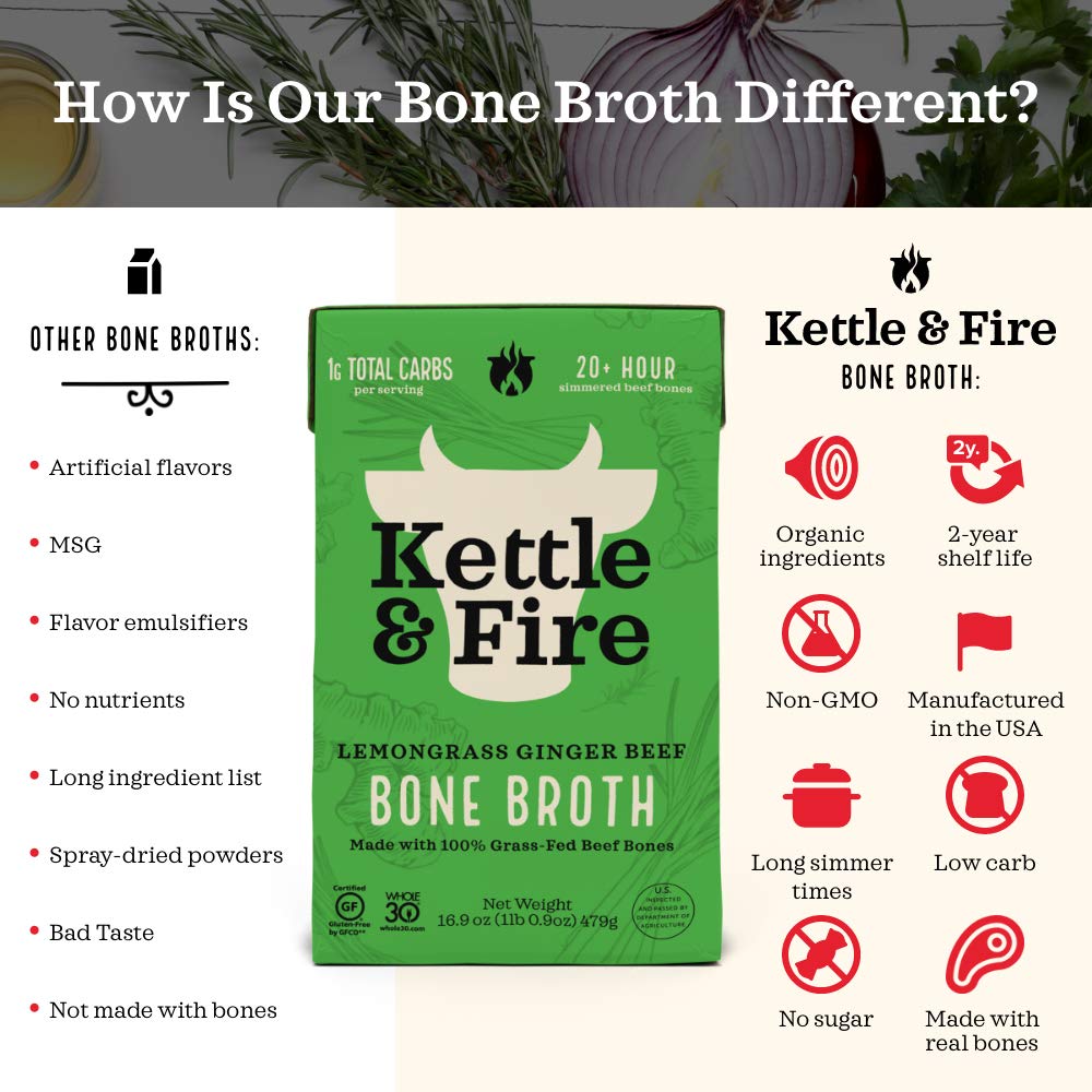 Kettle & Fire Beef Bone Broth, Keto, Paleo, Gluten Free, High Protein, 16.9 oz (Pack of 3)