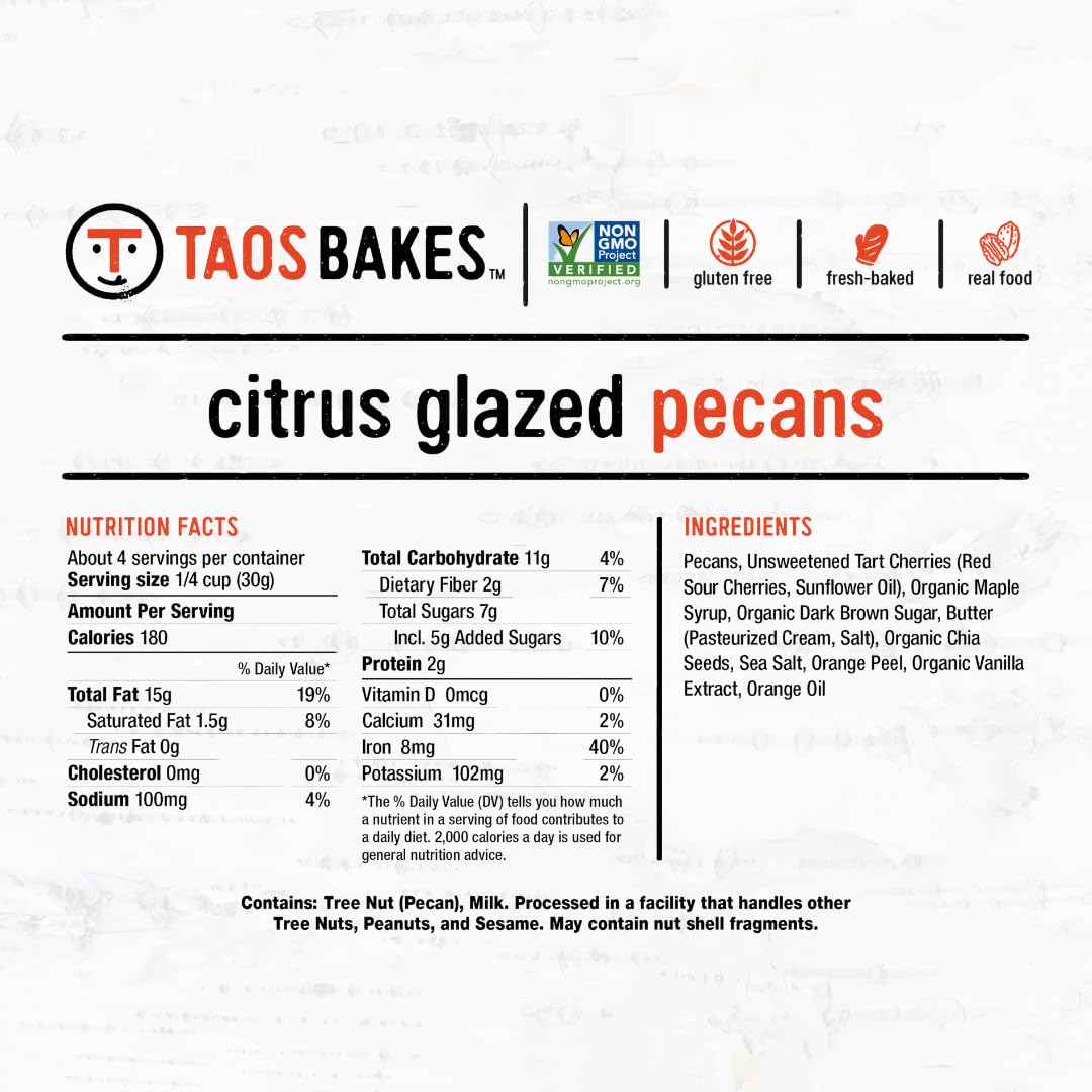 Taos Bakes Flavored Nuts Citrus Glazed Pecans with Cherries & Chia Seeds 4oz Pack of 8 Gluten Free Healthy Snack