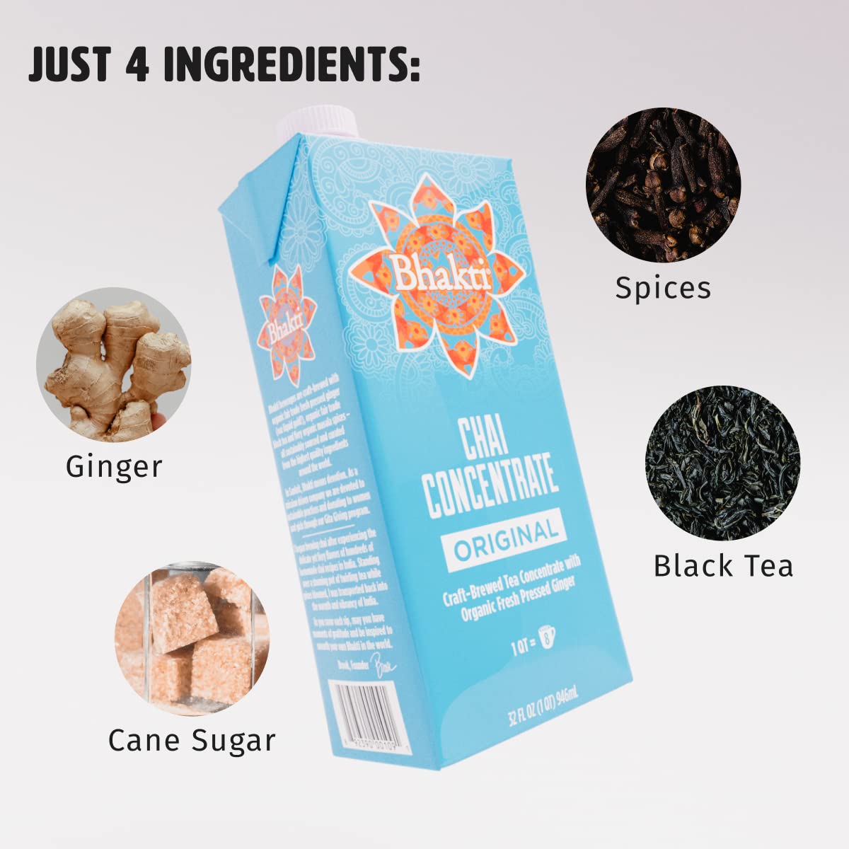 Bhakti Chai Tea Concentrate | Original, Organic Fresh Ginger, Black Tea, Sweetened, Spiced, Dairy-Free, Vegan (Pack of 6)