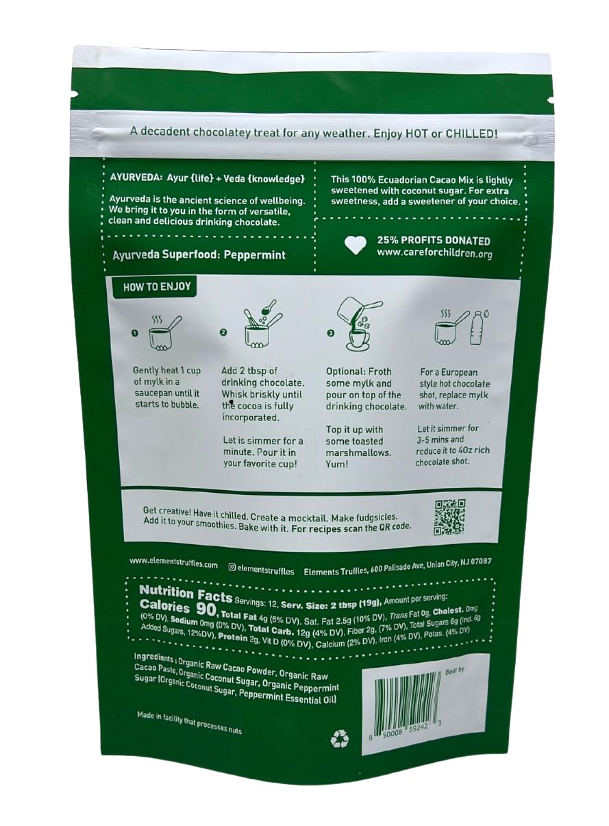 Elements Peppermint Hot Chocolate - All-Natural, Handmade Hot Chocolate Mix - Heavy Metal Tested - Fair Trade, Organic Cacao Powder - Plant Based & Ayurveda Inspired - Vegan Hot Cocoa Mix - 8 Ounce