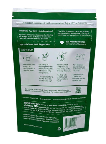 Elements Peppermint Hot Chocolate - All-Natural, Handmade Hot Chocolate Mix - Heavy Metal Tested - Fair Trade, Organic Cacao Powder - Plant Based & Ayurveda Inspired - Vegan Hot Cocoa Mix - 8 Ounce