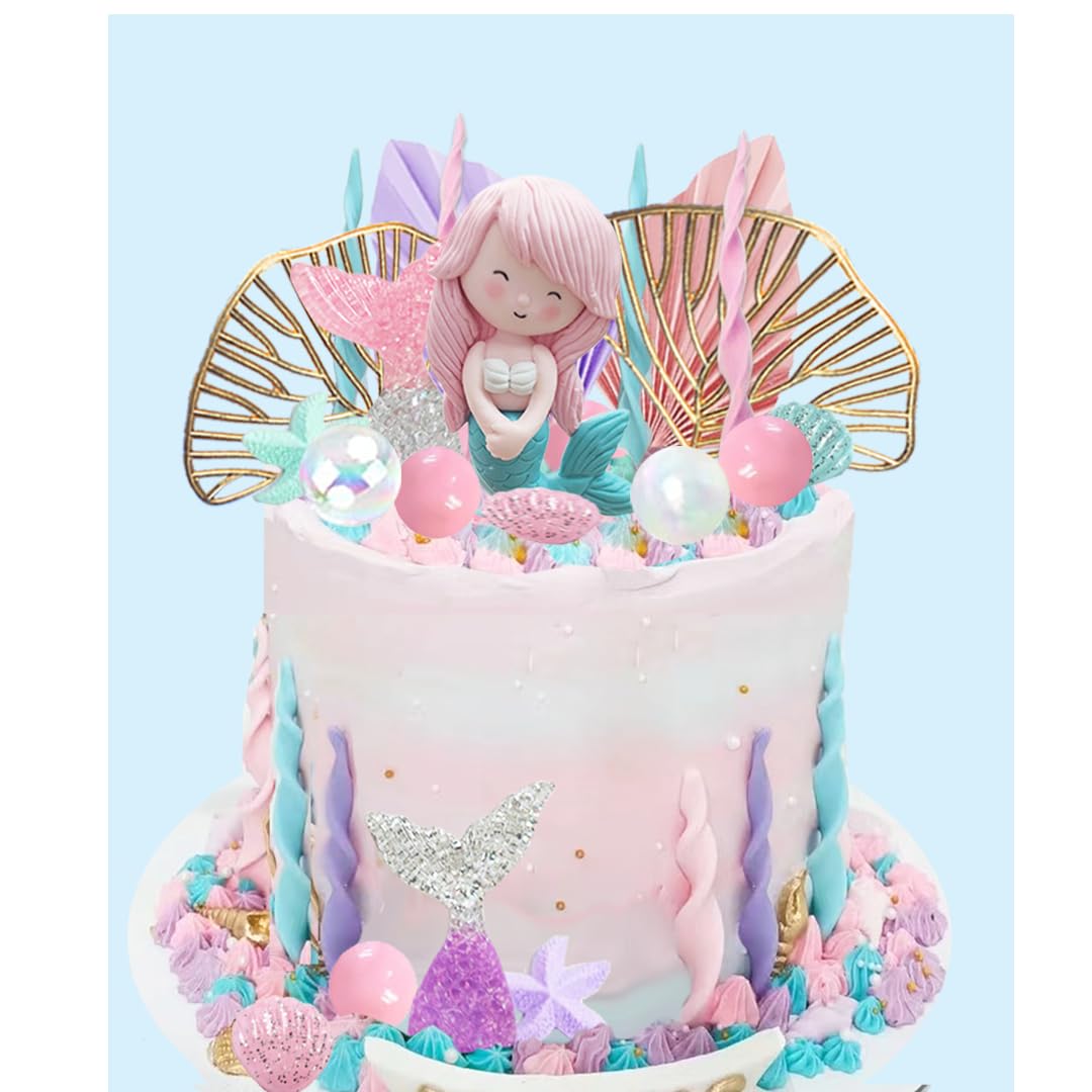 Mermaid Cake Topper Under The Sea Cake Toppers set with Little Mermaid Seaweed Bubble Golden Leaves for Mermaid Birthday