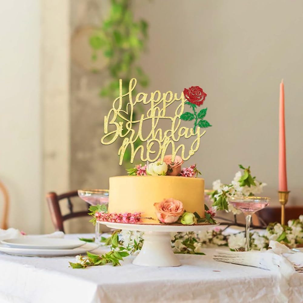 Keoysek Happy Birthday Mom Cake Topper Gold Glitter Mother'S Birthday Cake Decoration Supply - Birthday Party Decor For Mom - Mo