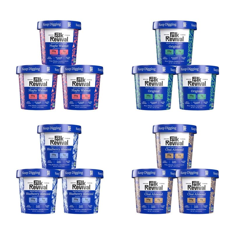 Folk Revival Keto Instant Oatmeal Variety Pack - 20g of Protein, Low Carb, High Fiber, 3 Blueberry, 3 Maple Walnut, 3 Chai Almon