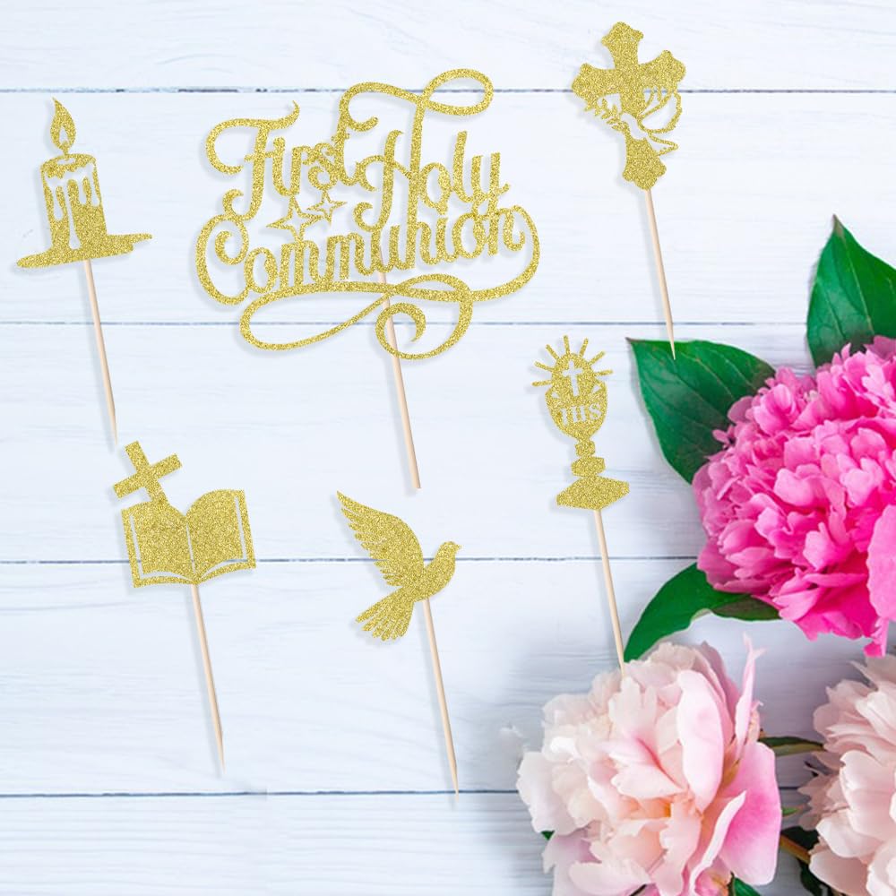 Sleyberoy First Holy Communion Cake Topper, Golden Paper Decoration for Eid, Baptism, Christening, Baby Shower, Birthday