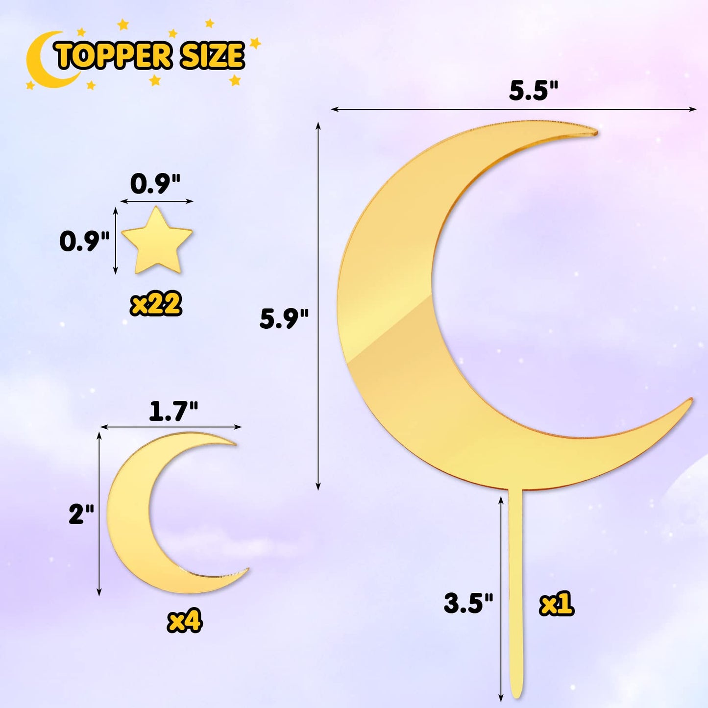 Huray Rayho 27 Pcs Moon Star Cake Toppers Acrylic Cake Decorations Twinkle Twinkle Little Star Celestial Cake Charms Mirror Gold
