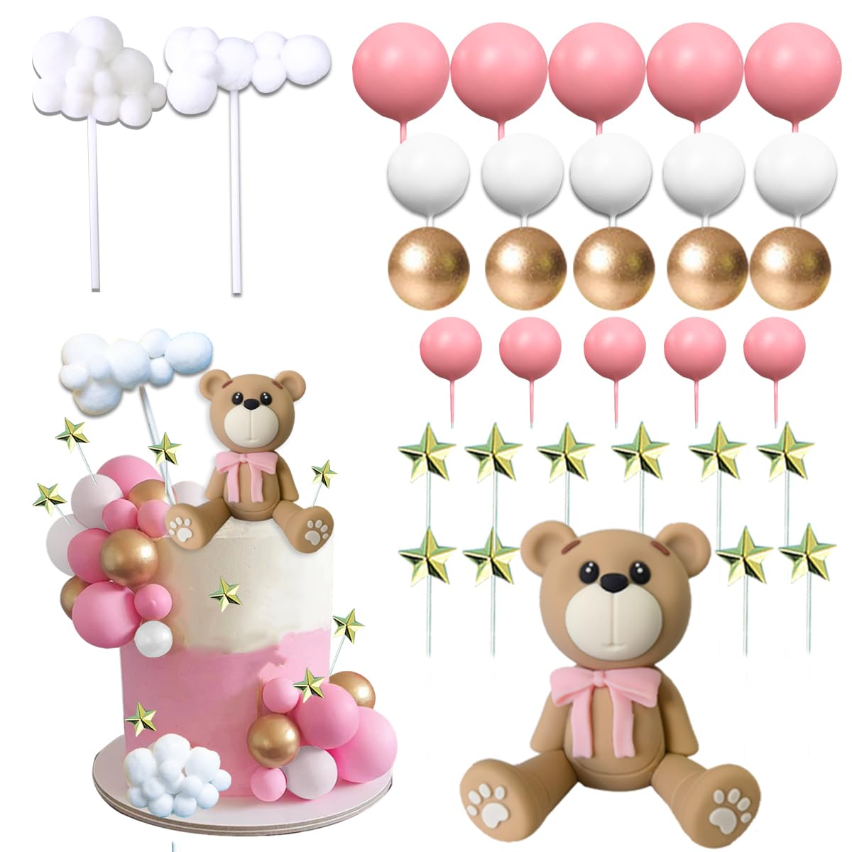 33 Pcs Bear Cake Toppers Bear Balls Cake Decorations With Stars Clouds Cake Toppers For Boy Girl Baby Shower Birthday Party Deco
