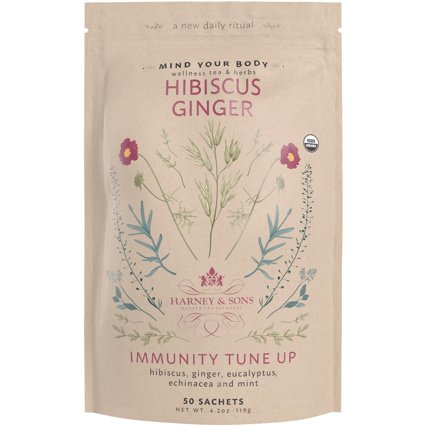 Harney & Sons Organic Hibiscus Ginger Tune-Up Tea  Bag of 50 sachets  50 Count